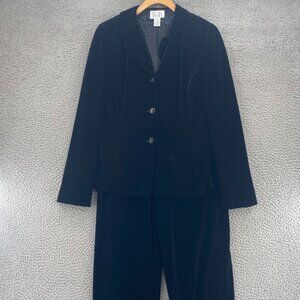 LOFT Suit Set Womens 8 Black Velvet Blazer Straight Leg Trouser Stretch 2 Piece
